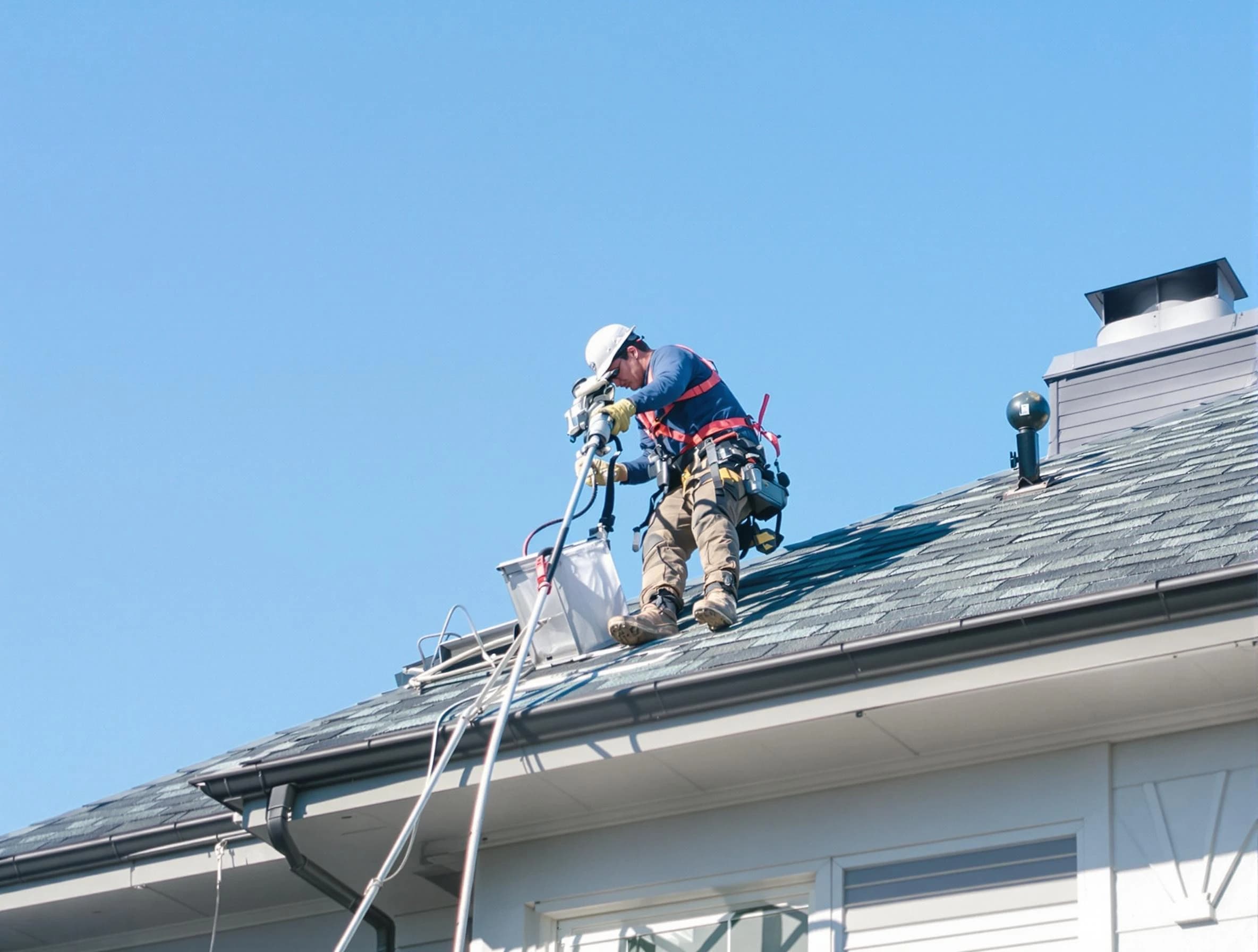 Bluffdale Dryer Vent Cleaning certified technician cleaning a roof-mounted dryer vent system in Bluffdale