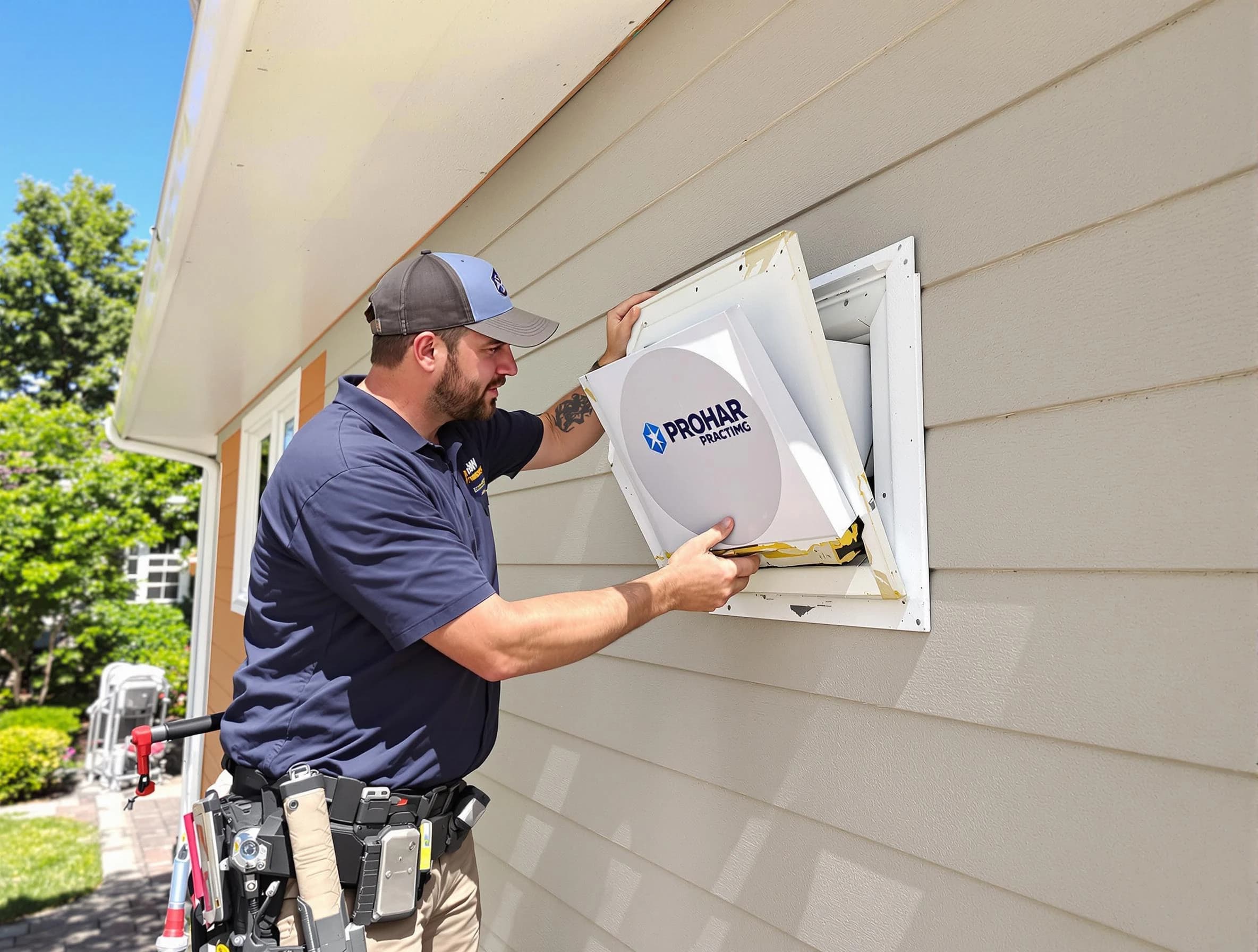 Bluffdale Dryer Vent Cleaning technician installing a new protective dryer vent cover on a home in Bluffdale