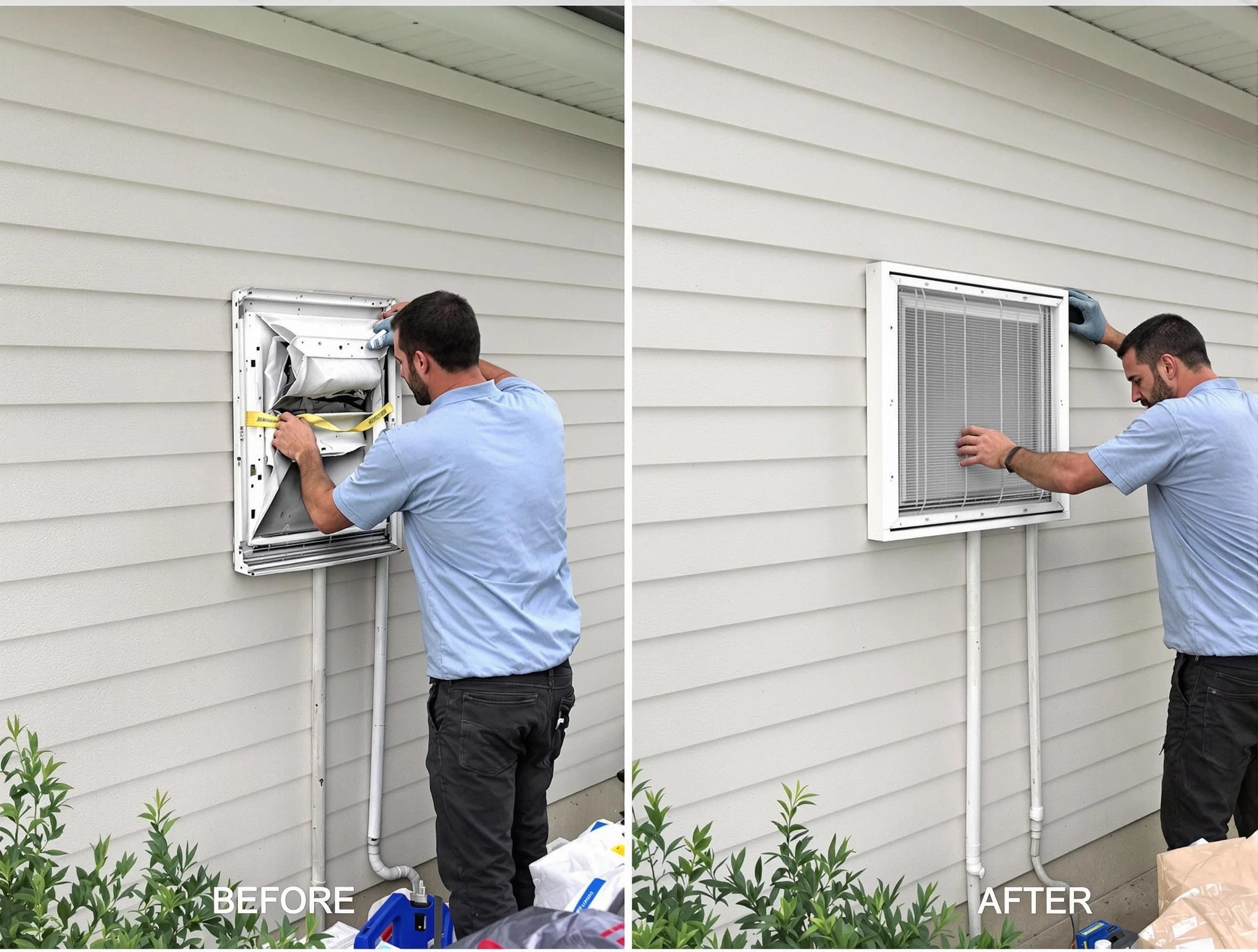 Bluffdale Dryer Vent Cleaning technician installing high-quality dryer vent cover at a residential property in Bluffdale