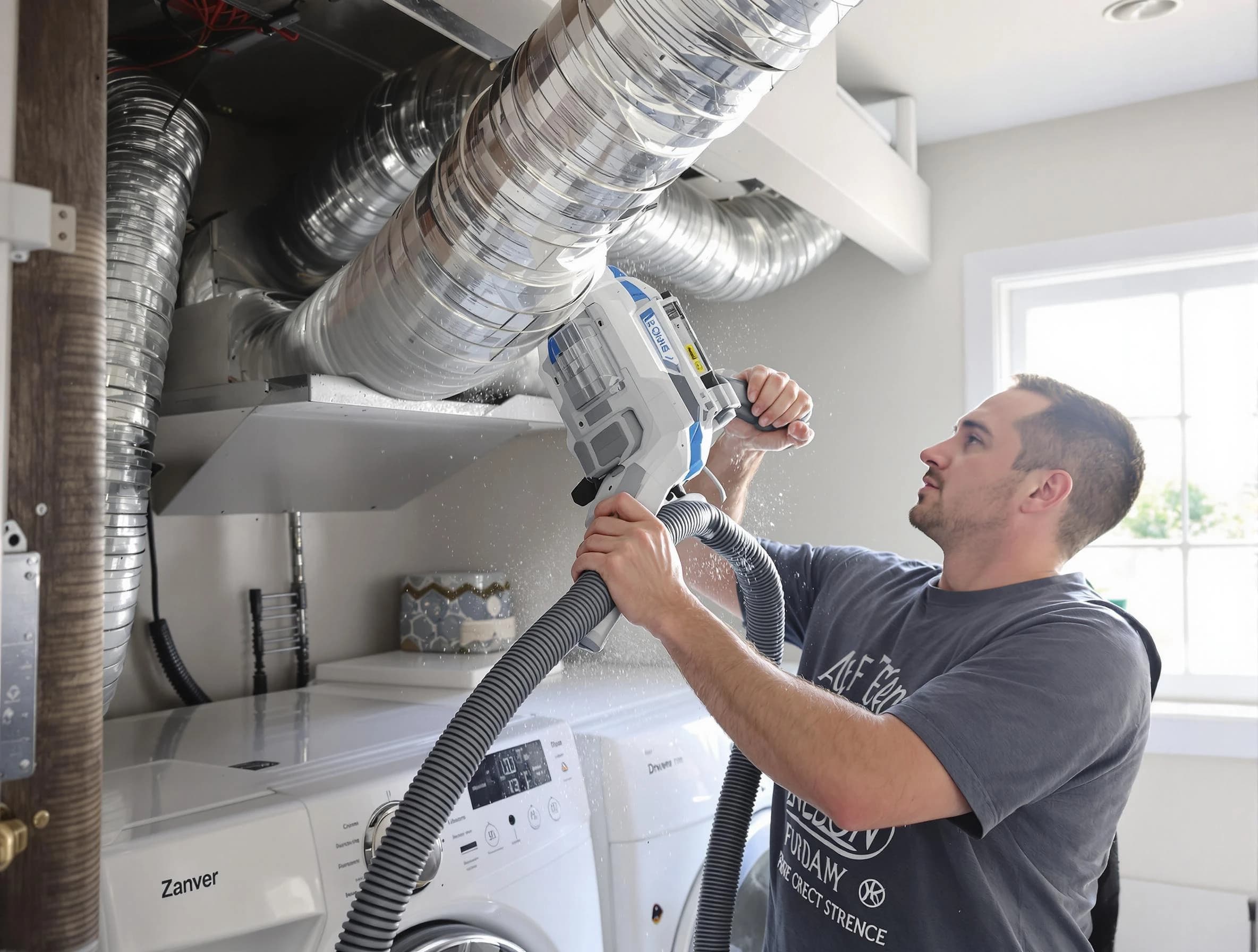 Bluffdale Dryer Vent Cleaning specialist cleaning deep within a dryer vent duct system in Bluffdale