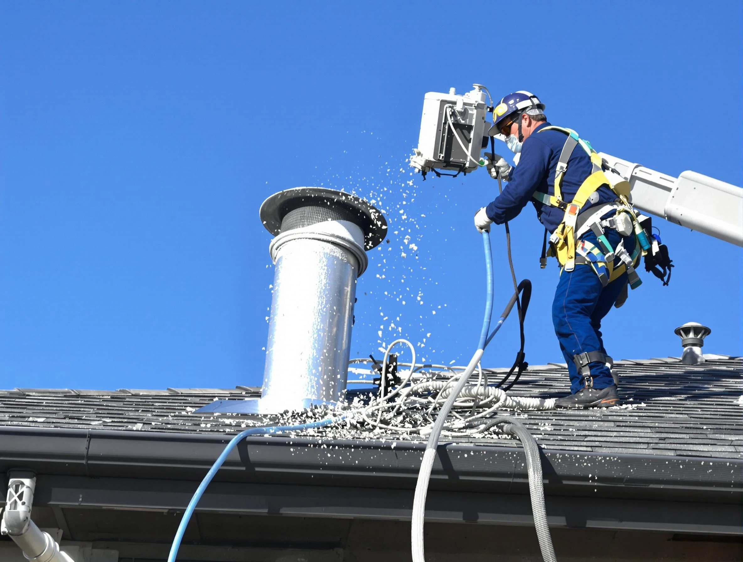 Bluffdale Dryer Vent Cleaning certified technician safely cleaning a roof-mounted dryer vent in Bluffdale